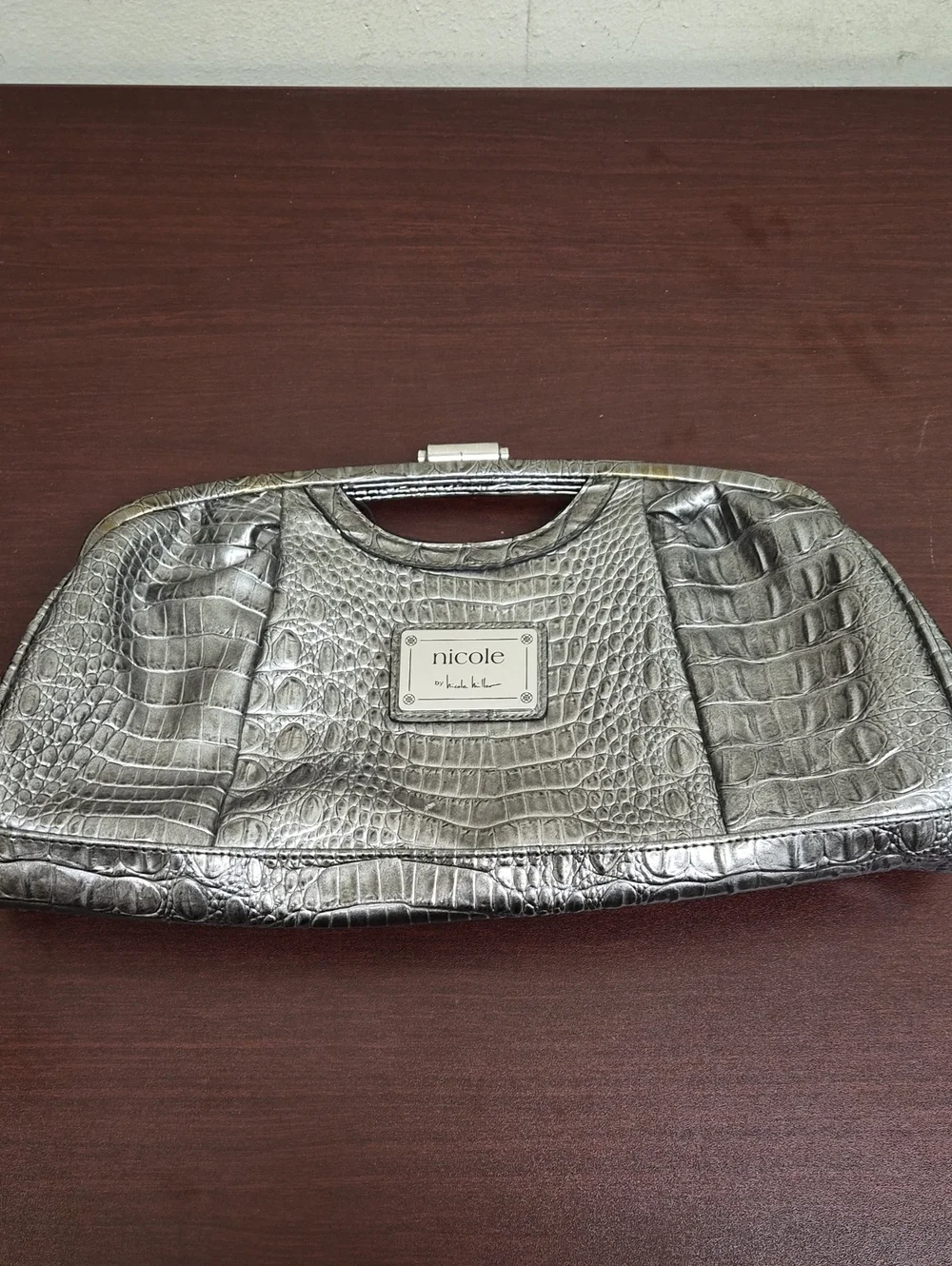 Nicole by Nicole Miller Metallic Silver Croc-Embossed Frame Clutch